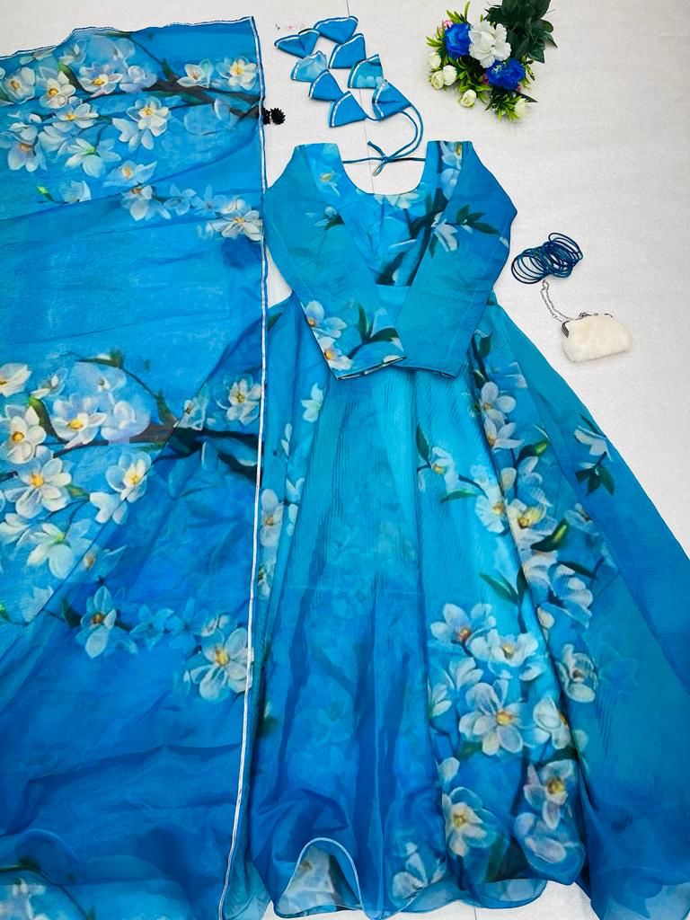 Lovely Organza Silk Sky Blue Color Digital Printed Gown