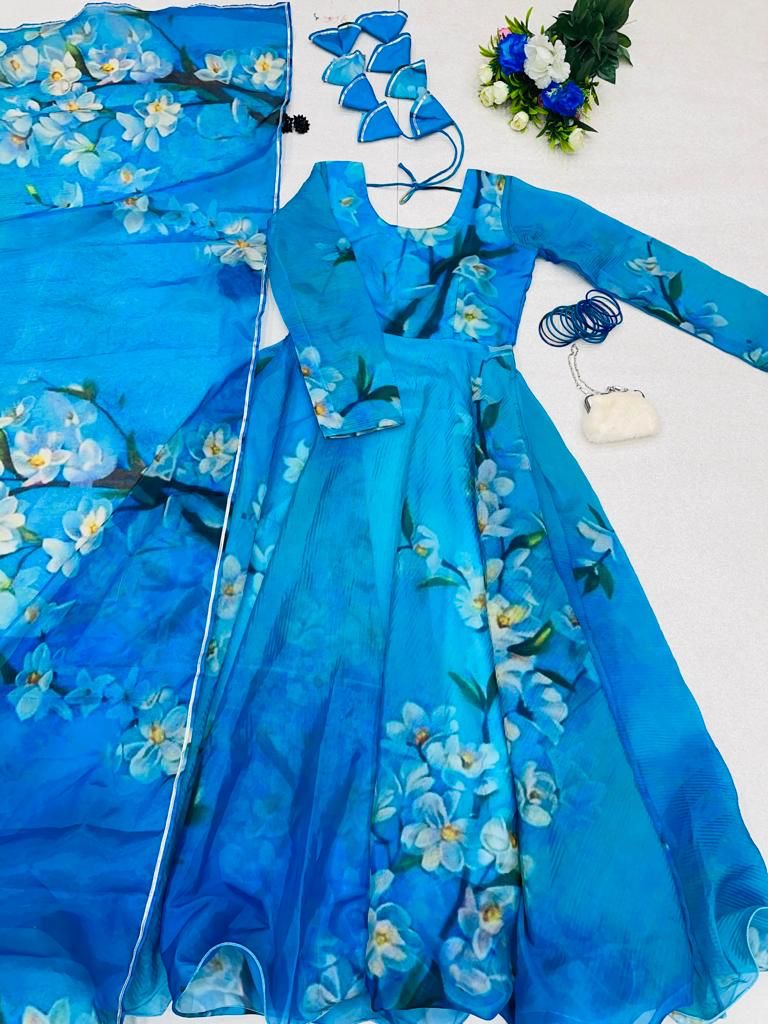 Blue Digital Printed Readymade Cotton Gown 277GW03