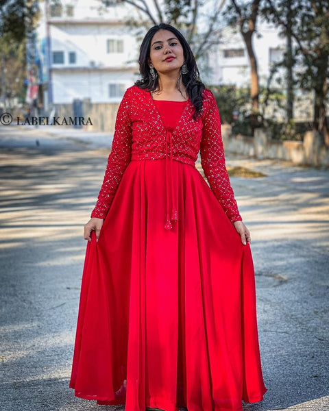 Beautiful Sequence Work Red Color Gown With Jacket Main image