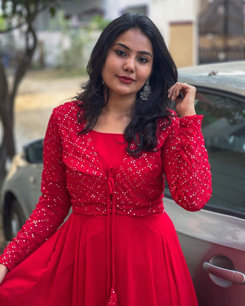 Beautiful Sequence Work Red Color Gown With Jacket - Clothsv Beautiful Sequence Work Red Color Gown With Jacket - Clothsv
