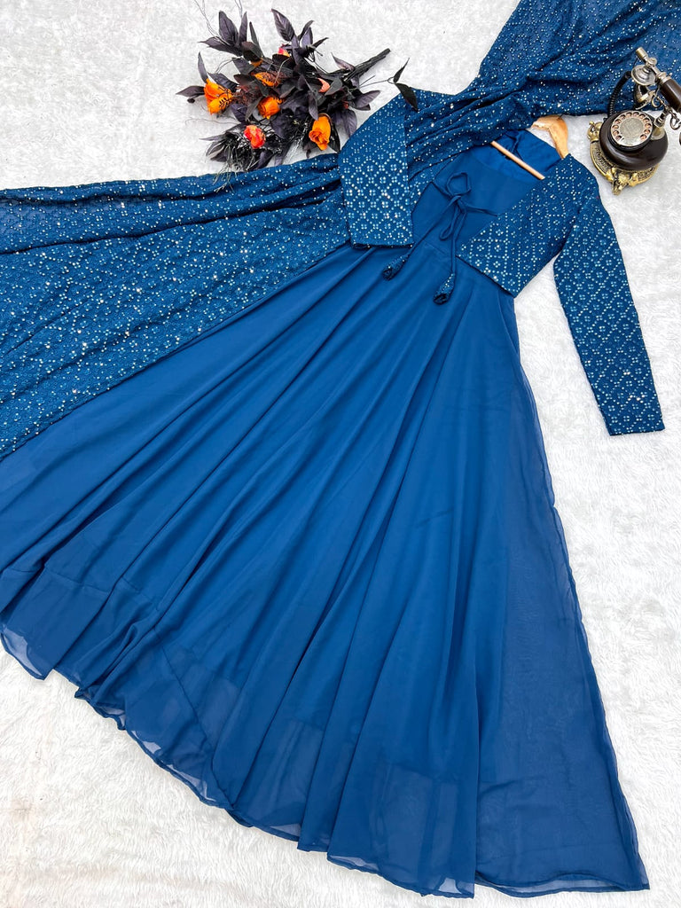 Beautiful Sequence Work Blue Color Gown With Jacket