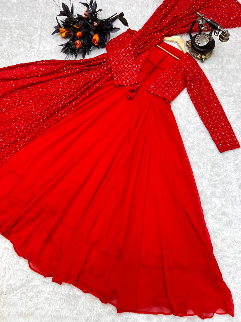 Beautiful Sequence Work Red Color Gown With Jacket