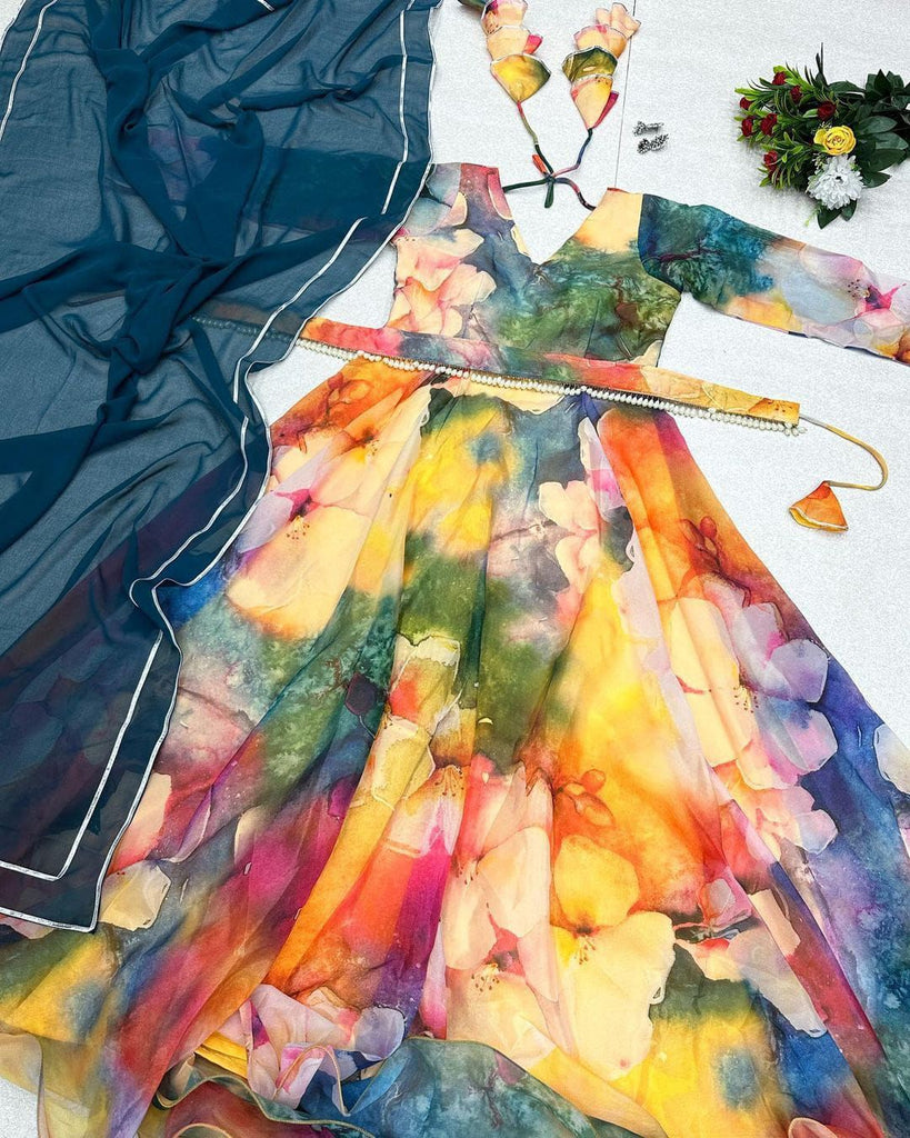 Unique Organza Silk Yellow With Multi Color Gown