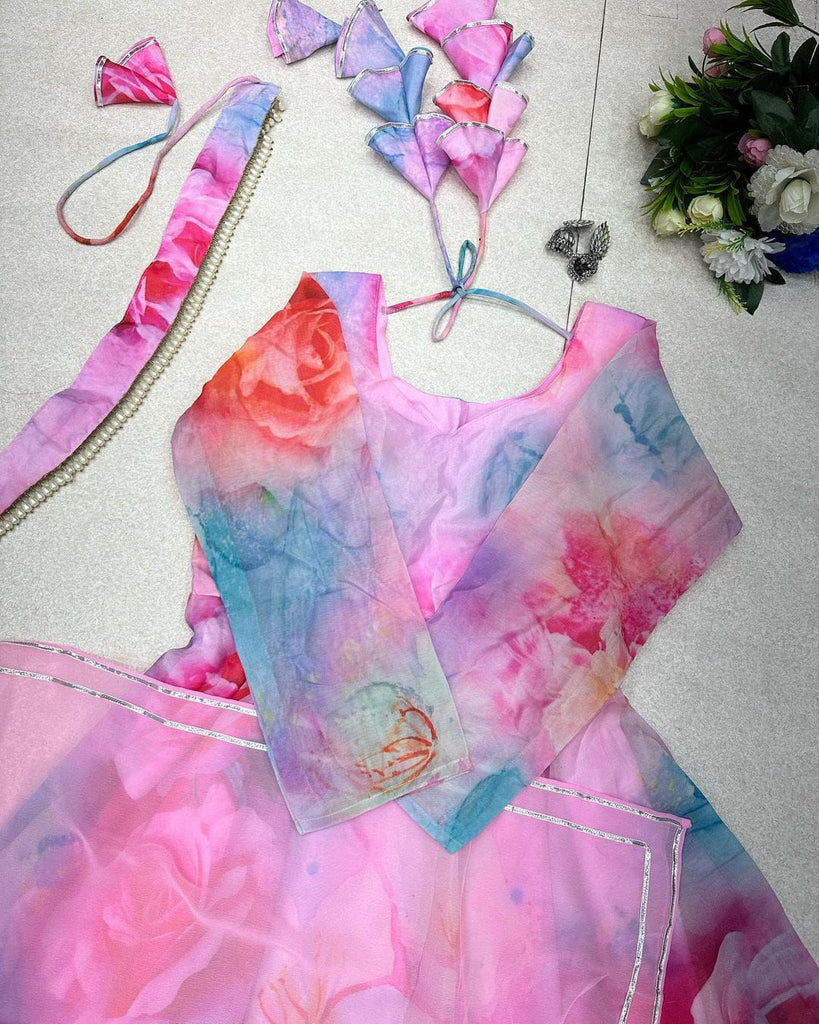 Unique Organza Silk Pink With Multi Color Gown