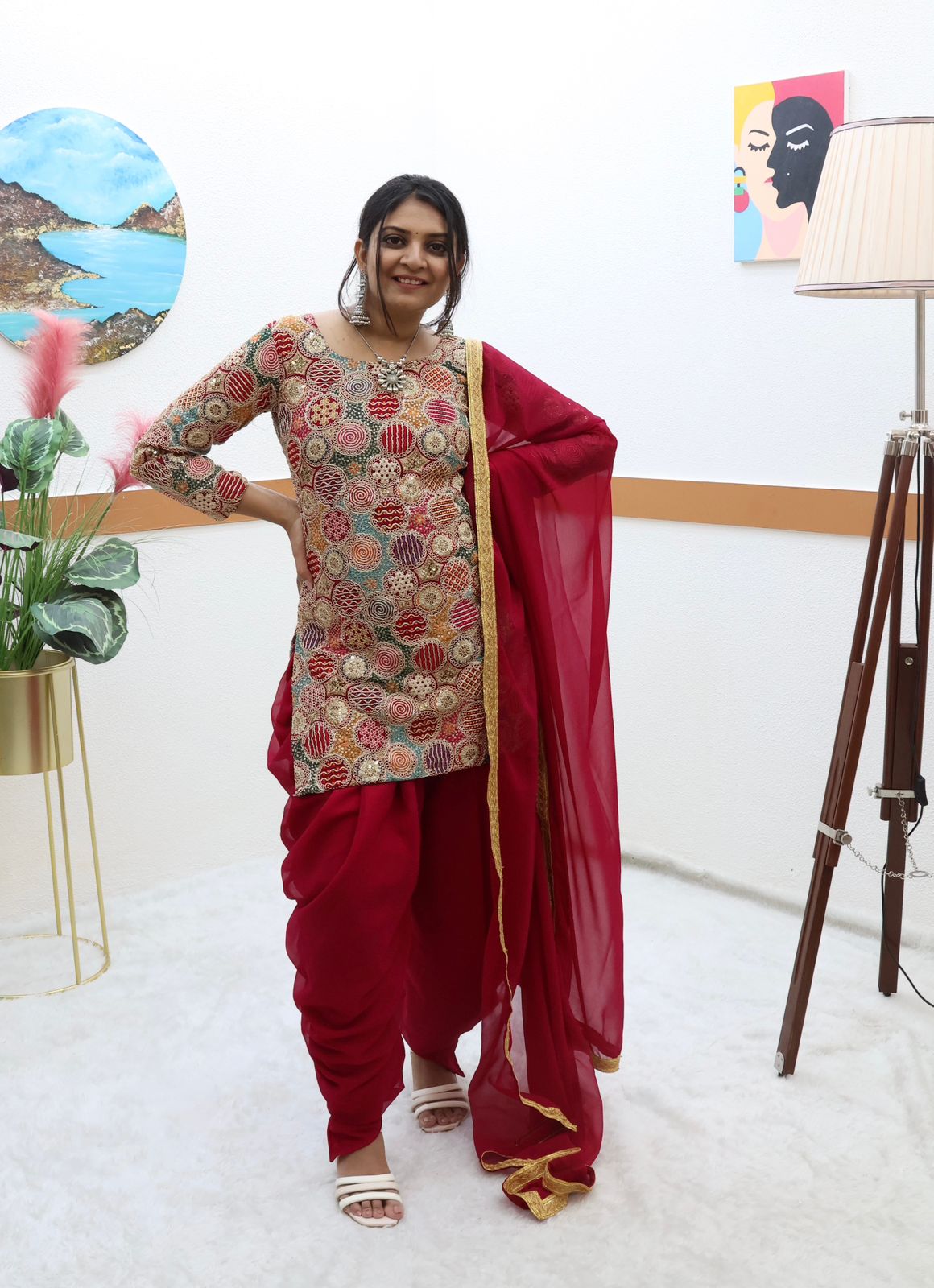 Double Sequence Work Dark Pink Color Dhoti Suit