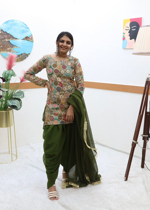 Double Sequence Work Mehndi Color Dhoti Suit Main image