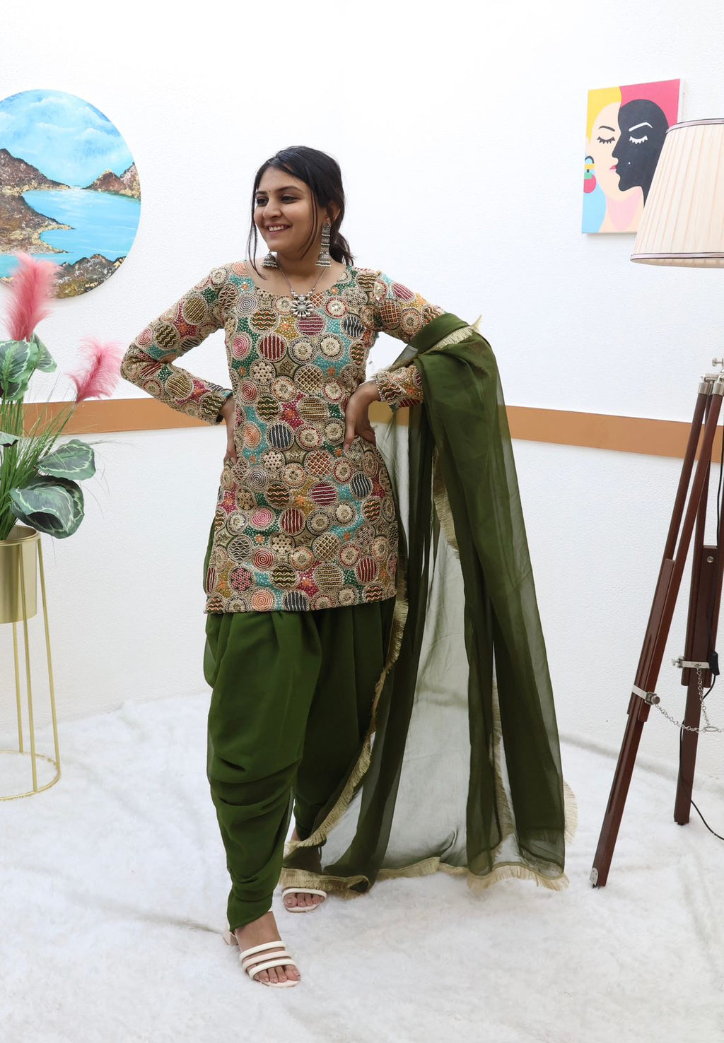 Double Sequence Work Mehndi Color Dhoti Suit