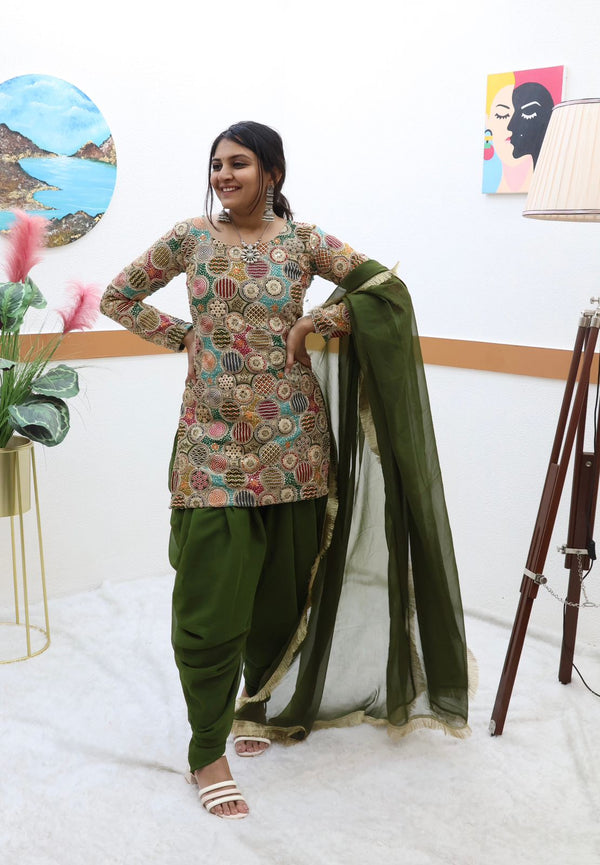 Double Sequence Work Mehndi Color Dhoti Suit
