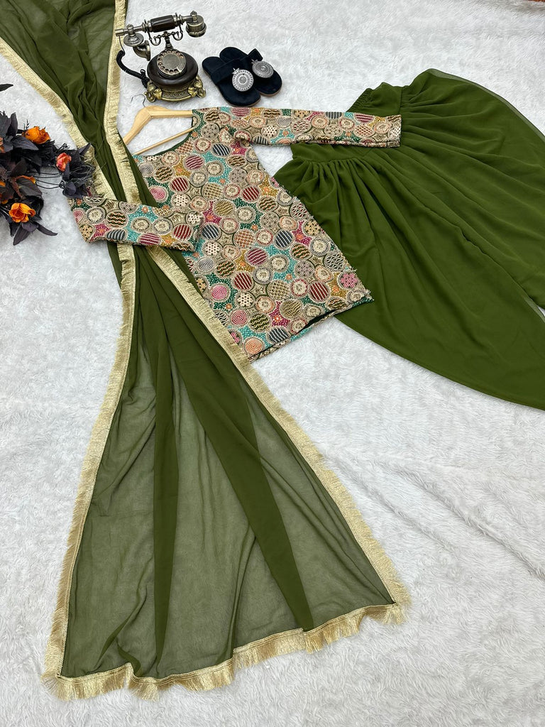 Double Sequence Work Mehndi Color Dhoti Suit