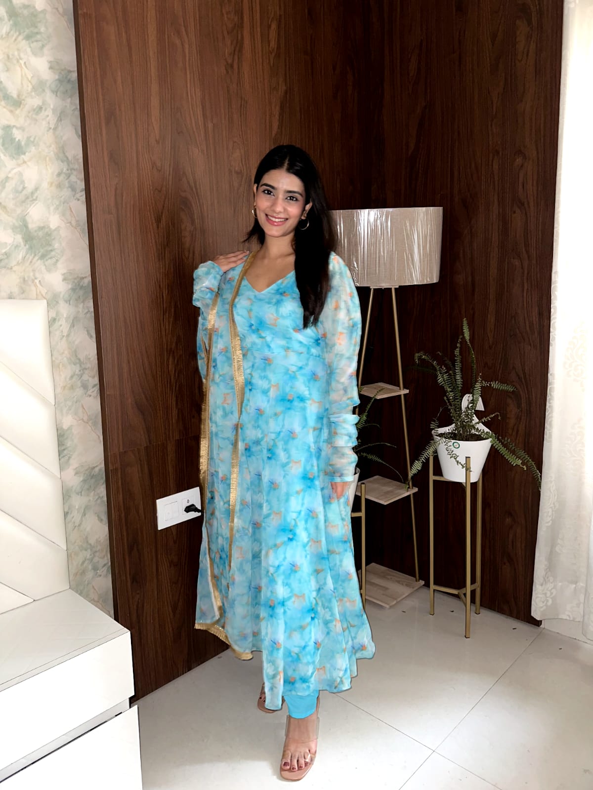 Sky Blue Color Digital Printed Georgette Silk Gown Main image