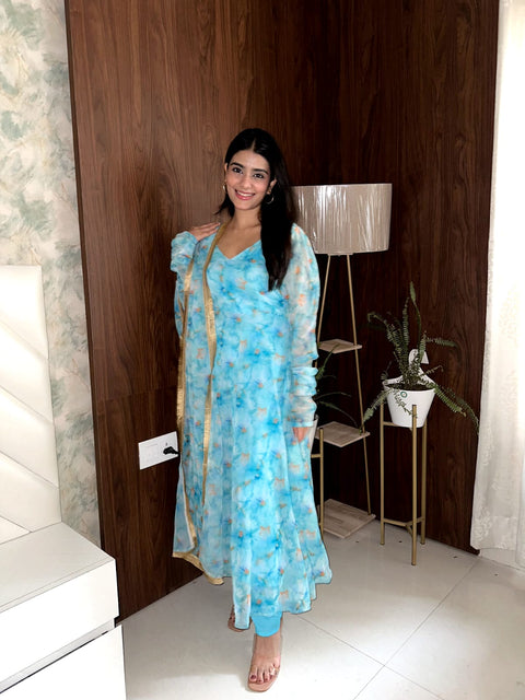 Sky Blue Color Digital Printed Georgette Silk Gown Main image