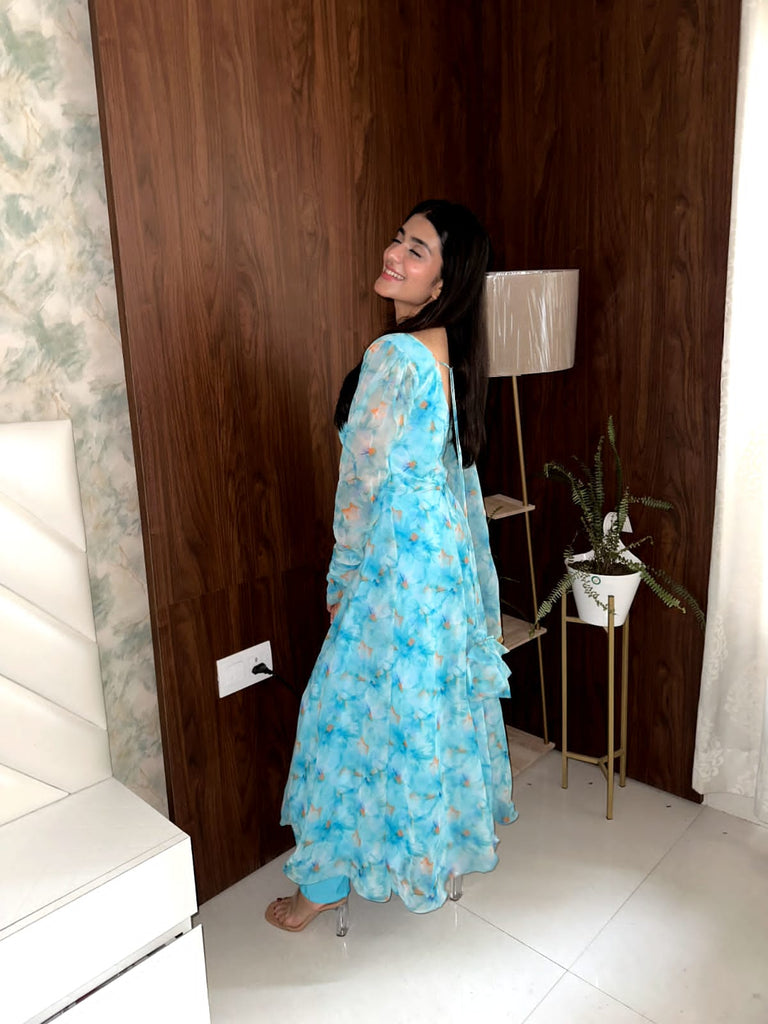 Sky Blue Color Digital Printed Georgette Silk Gown