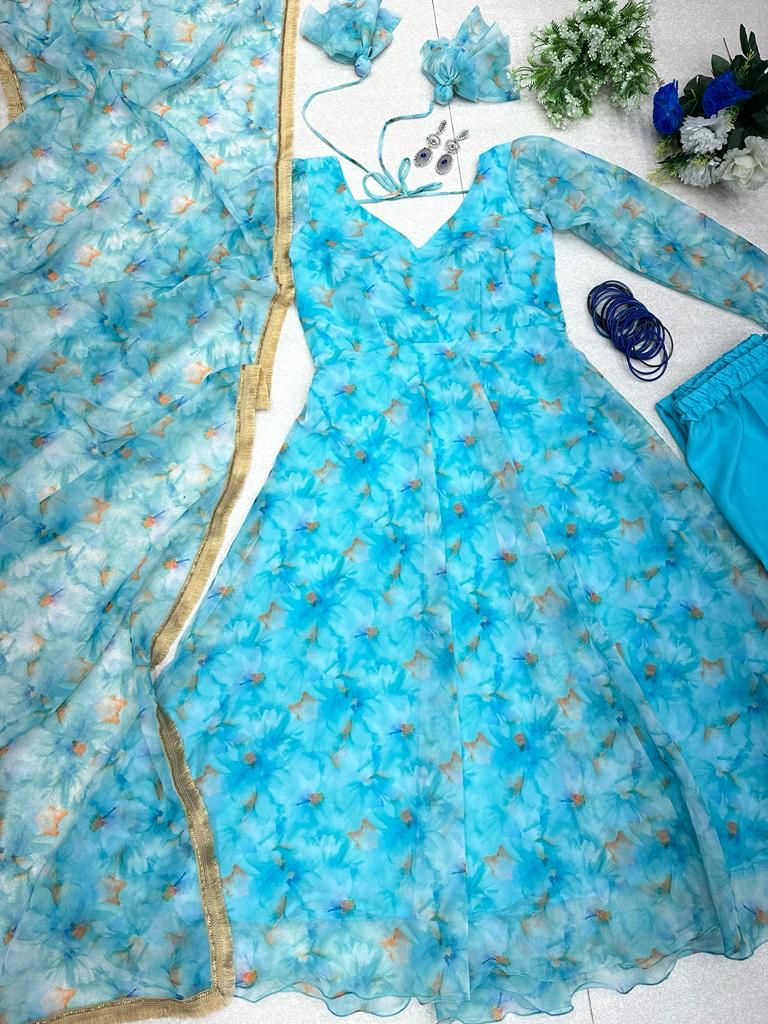 Sky Blue Color Digital Printed Georgette Silk Gown