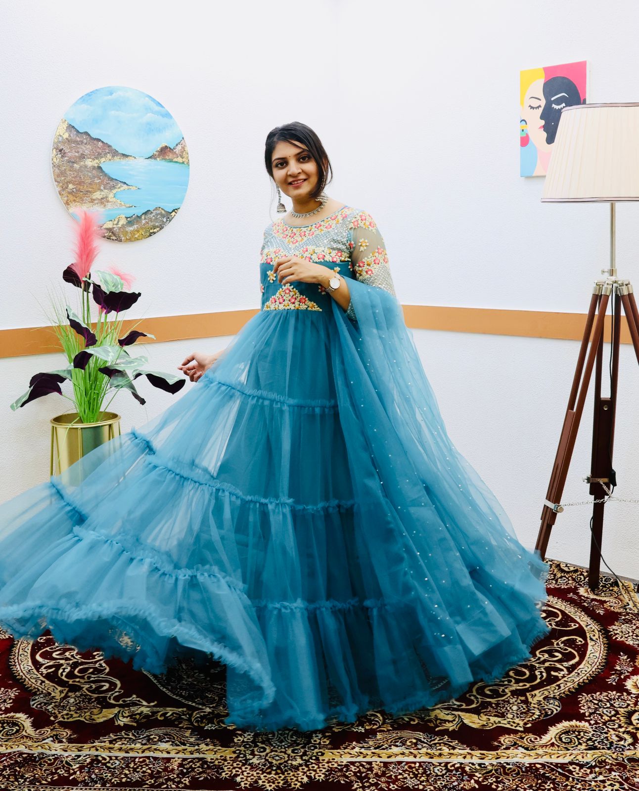 Festive Wear Sky Blue Color Ruffle Style Gown