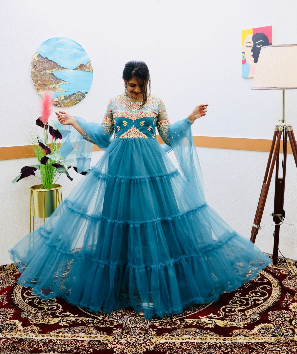 Festive Wear Sky Blue Color Ruffle Style Gown Main image