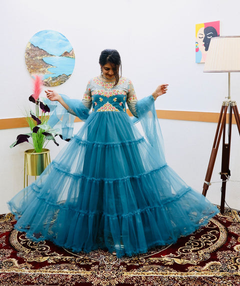 Festive Wear Sky Blue Color Ruffle Style Gown Main image