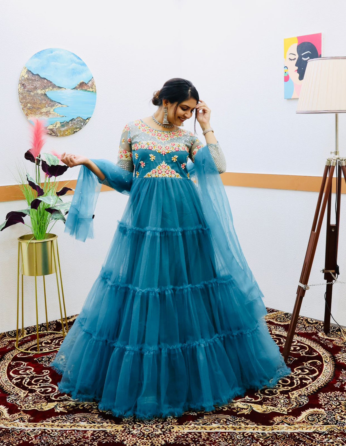 Festive Wear Sky Blue Color Ruffle Style Gown