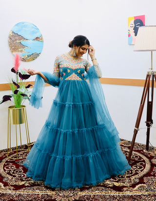 Festive Wear Sky Blue Color Ruffle Style Gown
