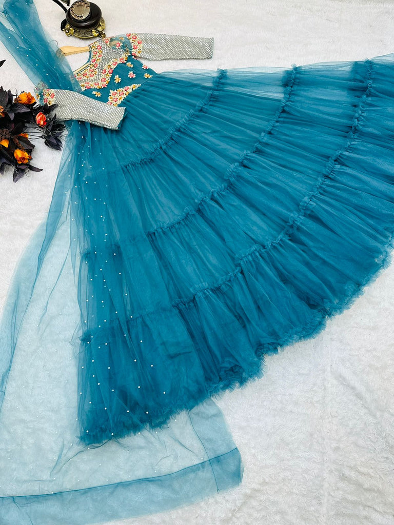 Festive Wear Sky Blue Color Ruffle Style Gown