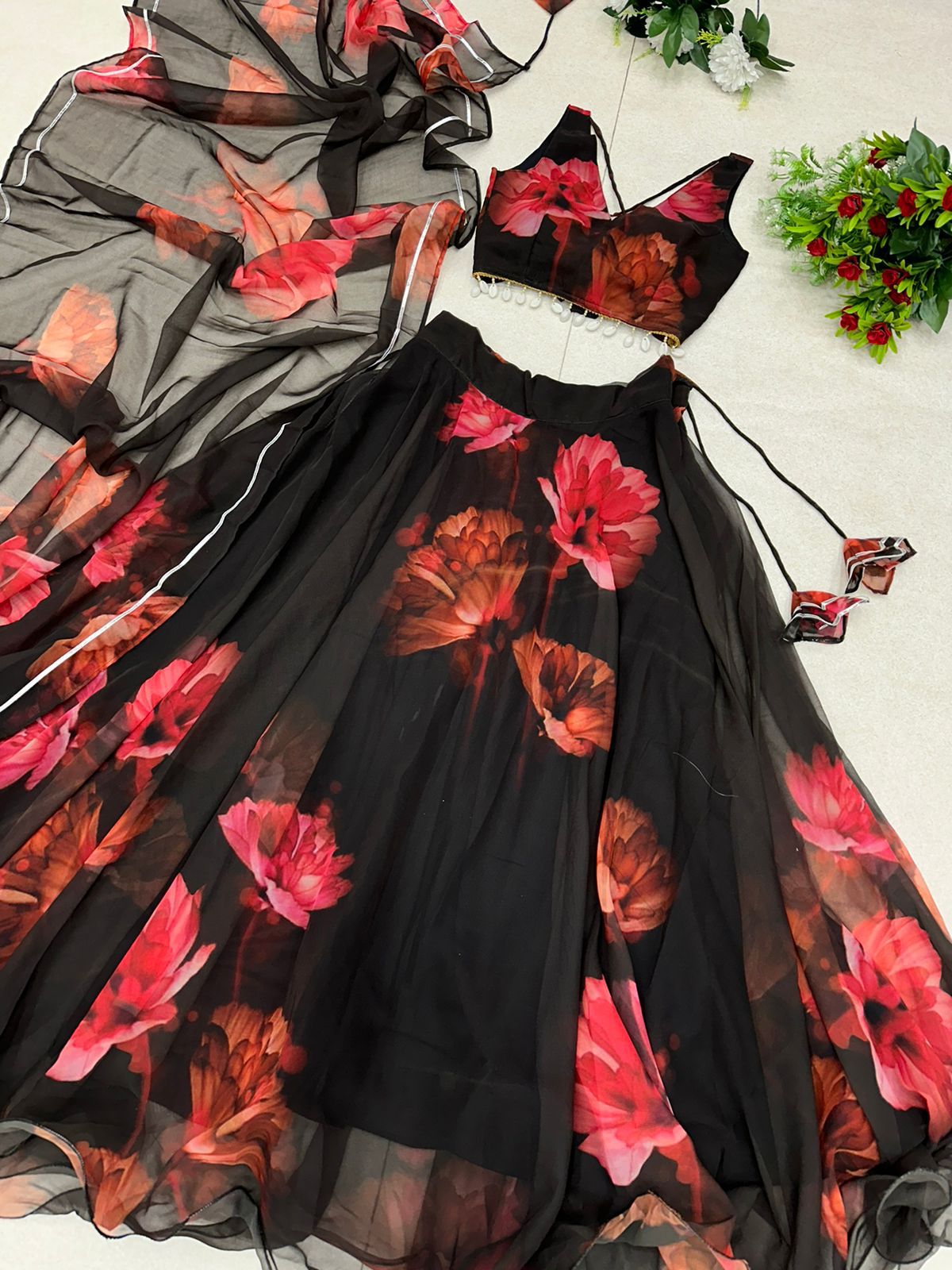 Black Color With Red Flower Digital Print Lehenga Choli Main image