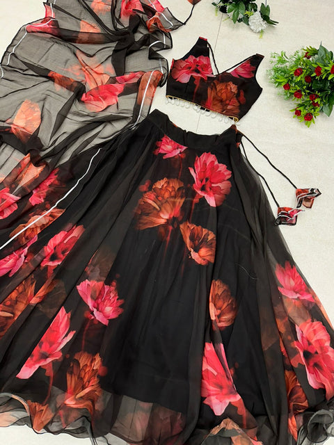 Black Color With Red Flower Digital Print Lehenga Choli Main image
