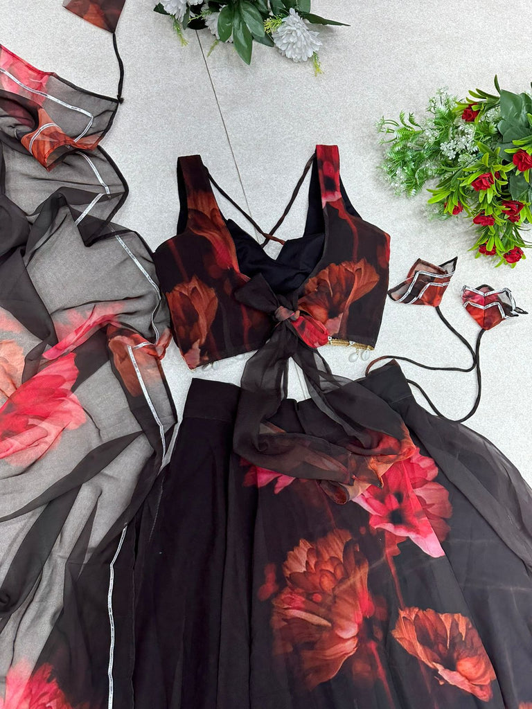 Black Color With Red Flower Digital Print Lehenga Choli
