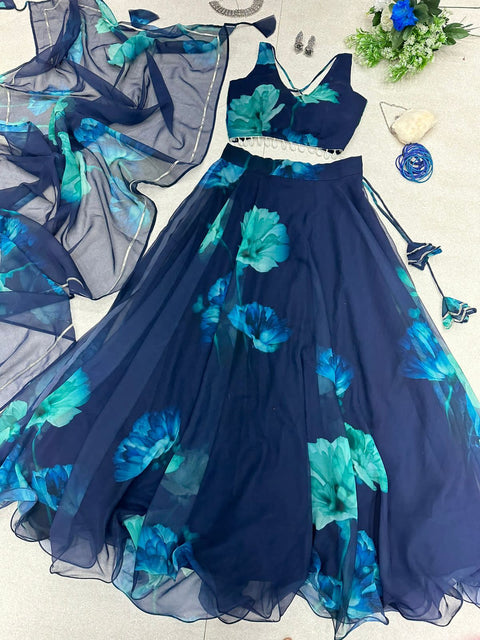 Navy Blue Color With Flower Digital Print Lehenga Choli Main image