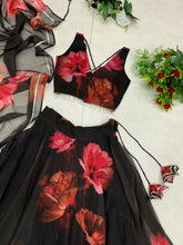 Load image into Gallery viewer, Black Color With Red Flower Digital Print Lehenga Choli
