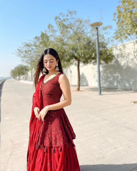 Celebrity Style Maroon Color Top With Lehenga Main image