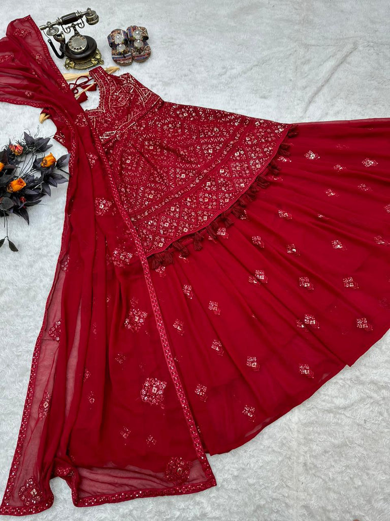 Celebrity Style Maroon Color Top With Lehenga