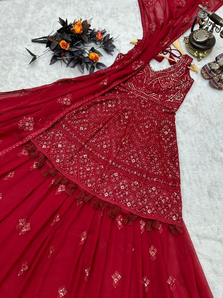 Celebrity Style Maroon Color Top With Lehenga