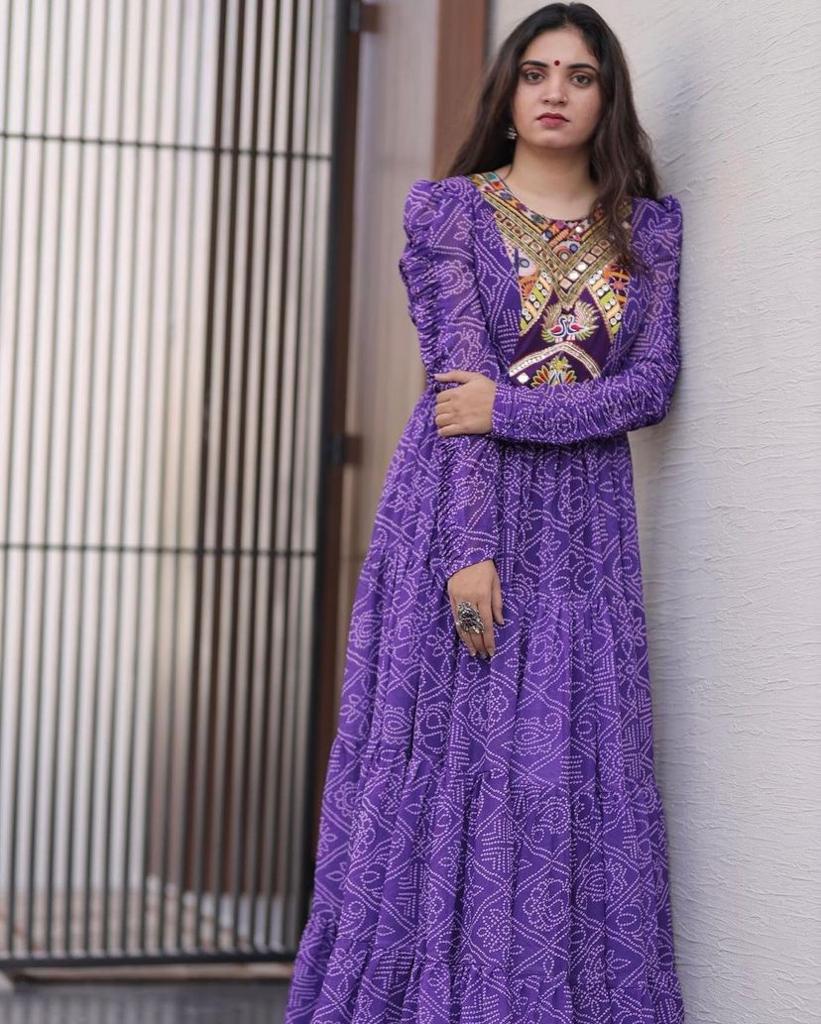 Purple Color Embroidery Work Ruffle Style Long Gown