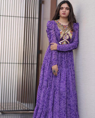 Purple Color Embroidery Work Ruffle Style Long Gown