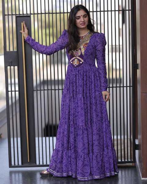 Purple Color Embroidery Work Ruffle Style Long Gown Main image