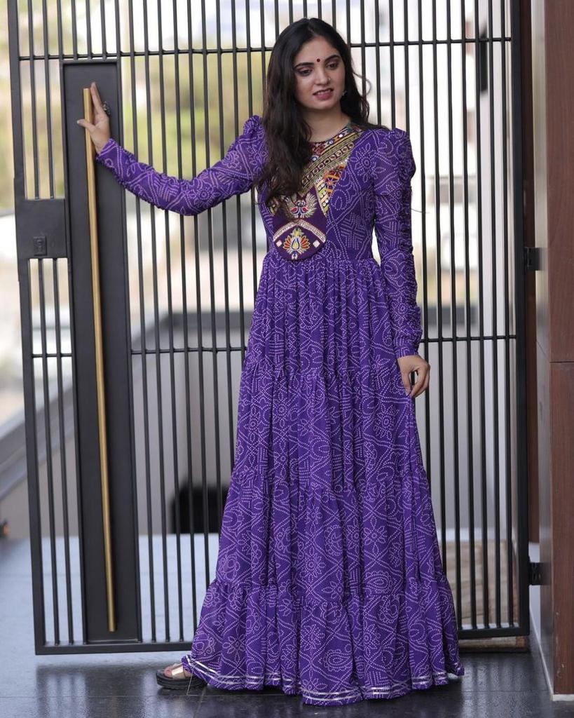 Purple Color Embroidery Work Ruffle Style Long Gown