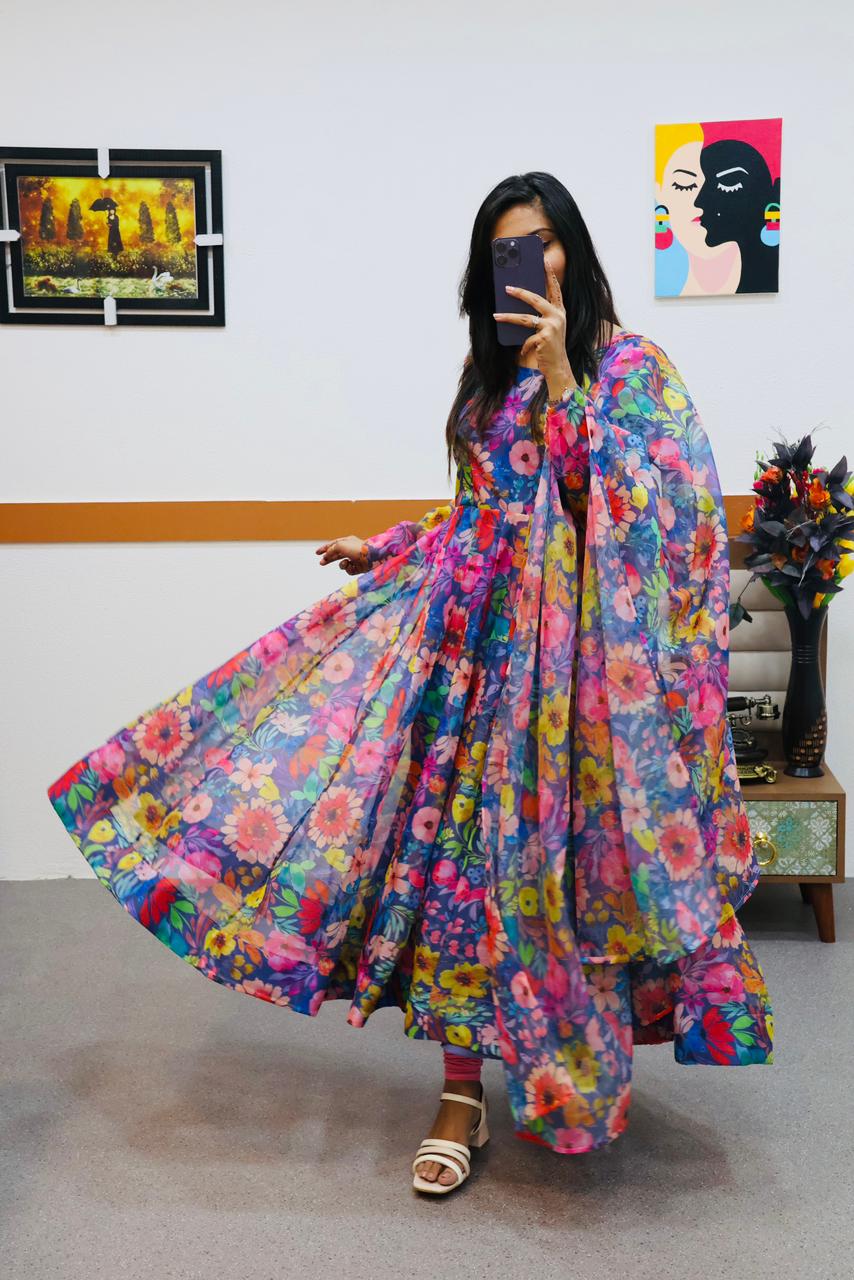 Party Wear Blue With Multi Color Organza Gown Main image