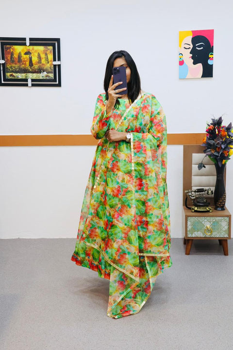Party Wear Green With Multi Color Organza Gown Main image