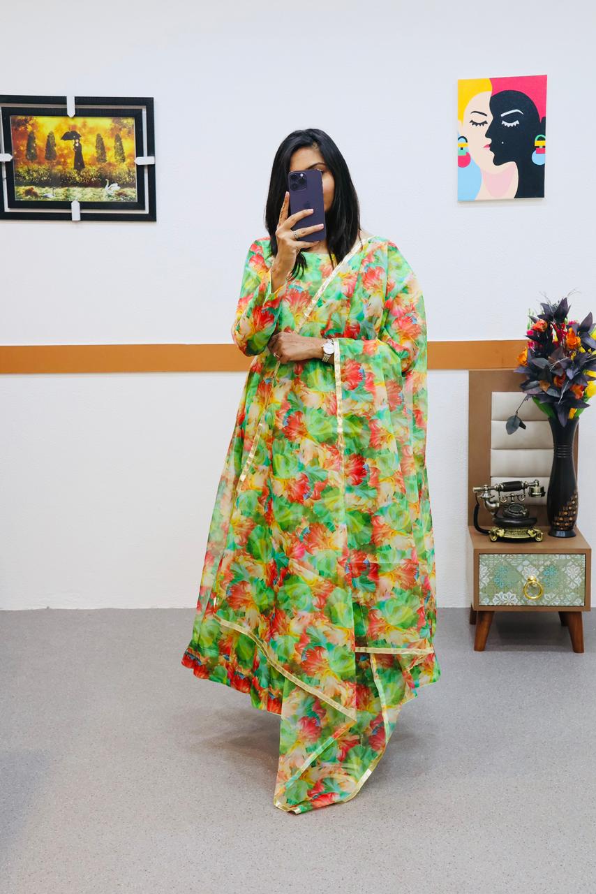 Party Wear Green With Multi Color Organza Gown Main image