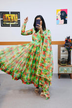 Load image into Gallery viewer, Party Wear Green With Multi Color Organza Gown