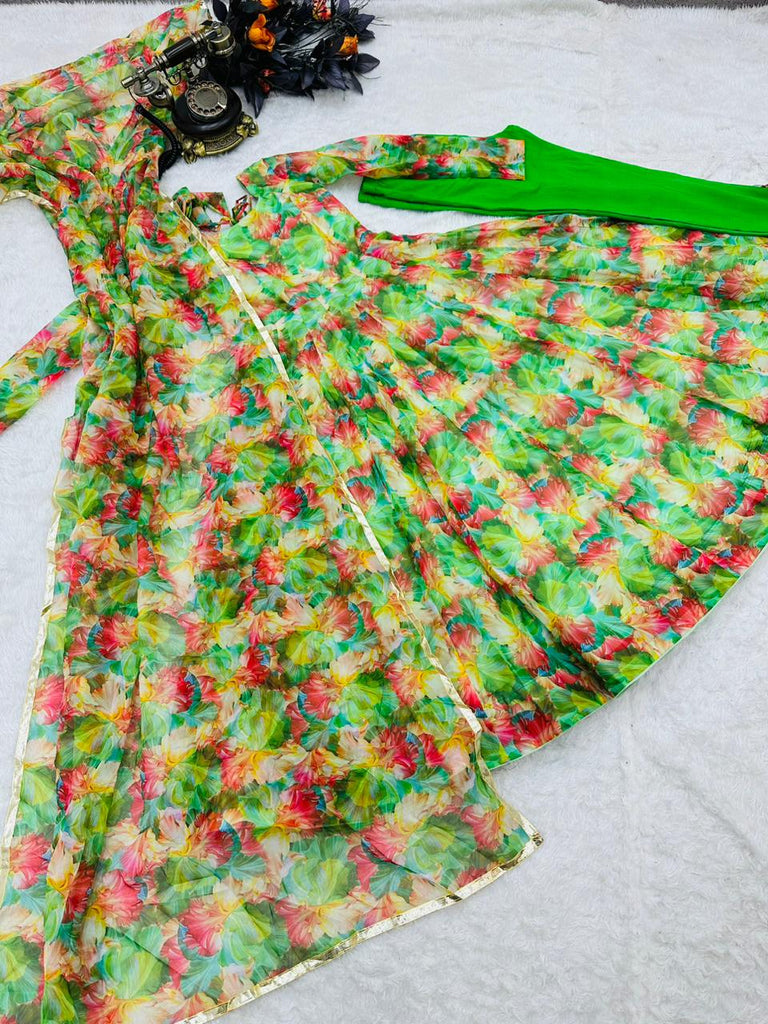 Party Wear Green With Multi Color Organza Gown