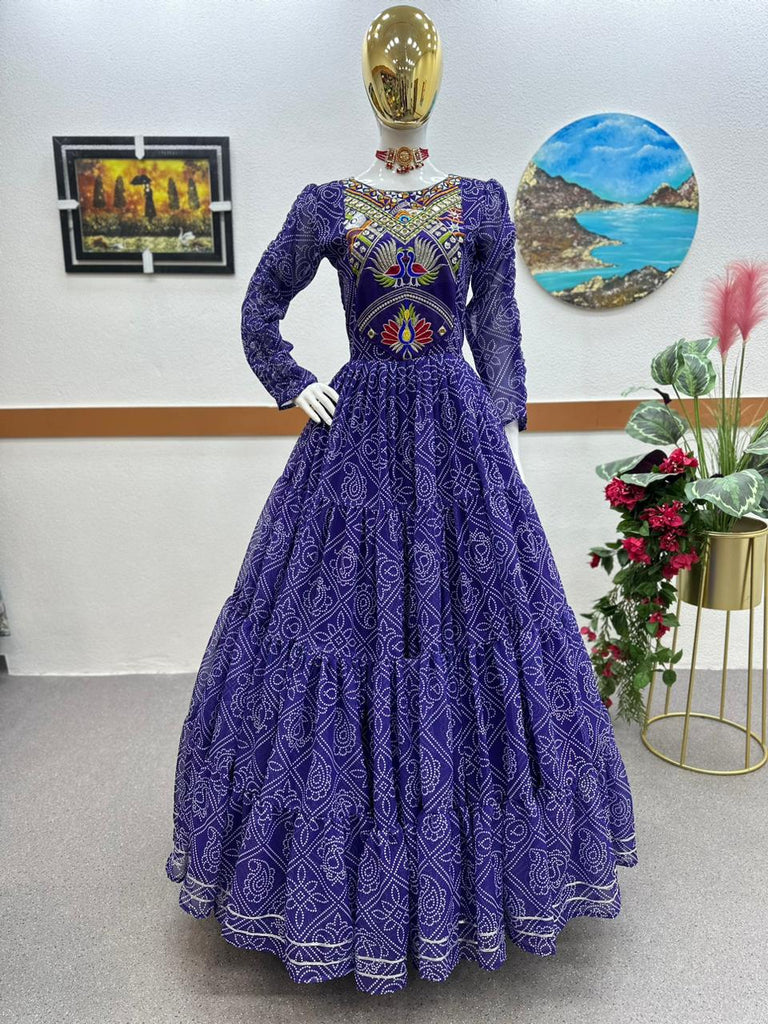 Purple Color Embroidery Work Ruffle Style Long Gown