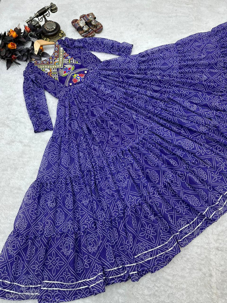 Purple Color Embroidery Work Ruffle Style Long Gown