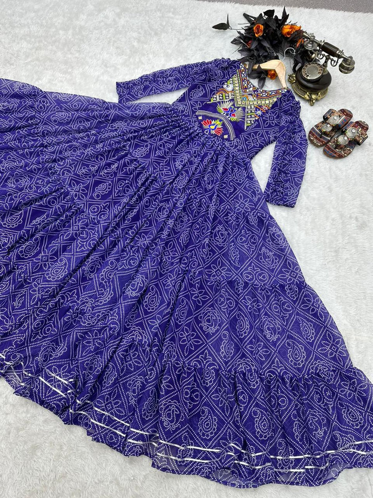 Purple Color Embroidery Work Ruffle Style Long Gown