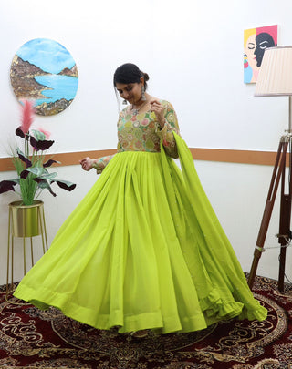 Fancy Parrot Green Color Embroidery Work Gown