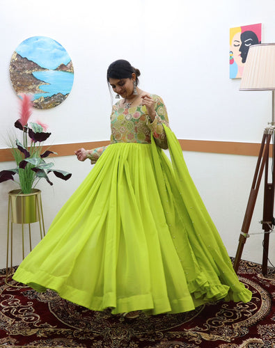 Buy Party Wear Green Metallic Foil Work Net Long Anarkali Gown Online