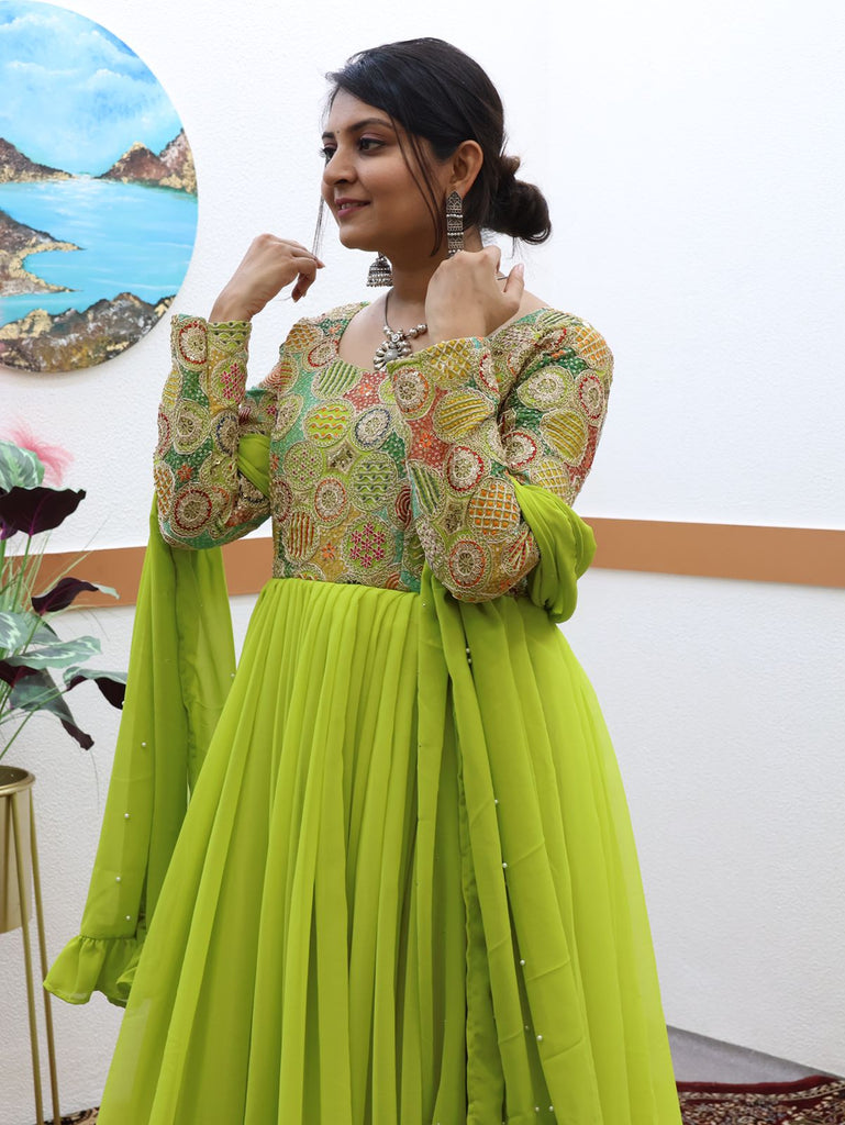 Fancy Parrot Green Color Embroidery Work Gown - Clothsvilla Fancy Parrot Green Color Embroidery Work Gown - Clothsvilla