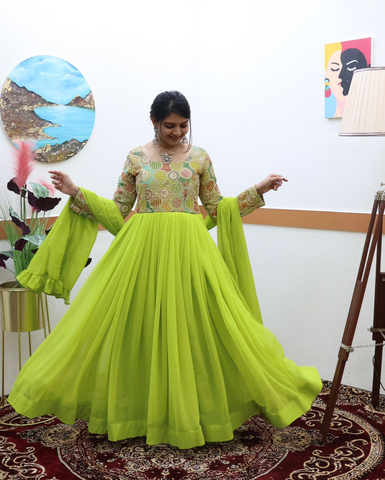Fancy Parrot Green Color Embroidery Work Gown