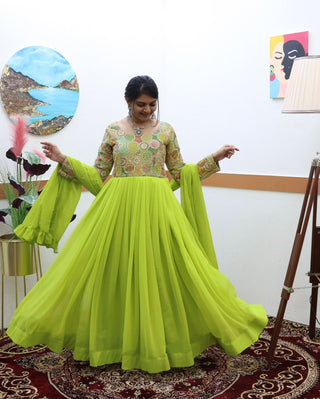 Fancy Parrot Green Color Embroidery Work Gown