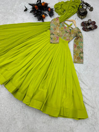 Fancy Parrot Green Color Embroidery Work Gown