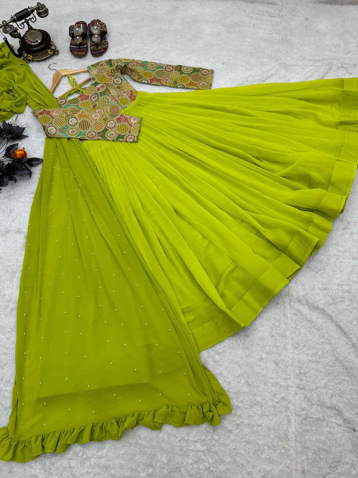 Fancy Parrot Green Color Embroidery Work Gown